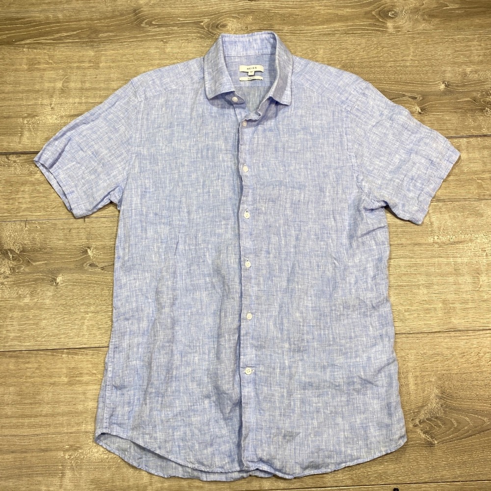 REISS Button Down Shirt‎ Men's Medium Slim Fit Linen Light Blue Short Sleeve